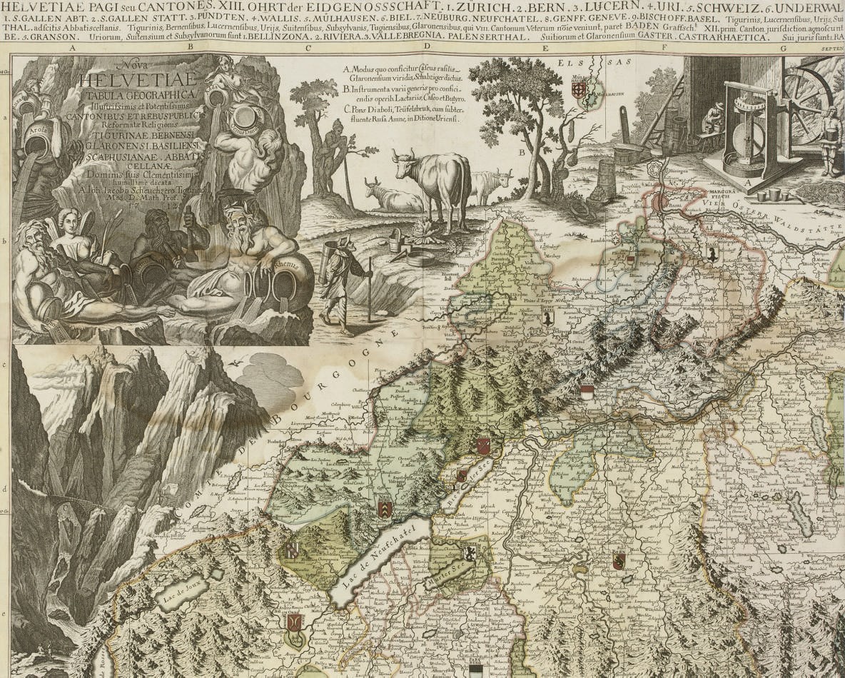 SCHEUCHZER, Johann Jakob (1672-1733).  Nova Helvetiae Tabula Geographicae. [No Place:] 1712 [?but later]. Large partly hand-coloured engraved map of Switzerland on 4 sections mounted on linen, elaborate title cartouche with allegorical figures representing Swiss rivers, elaborate illustrated surround with key, each canton with its hand-coloured coat-of-arms (some light waterstaining, a few small holes, trimmed close to edges with some cropping), overall dimensions approximately 1,100 x 1,440mm, folding into contemporary patterned card slipcase (rather worn). RARE.