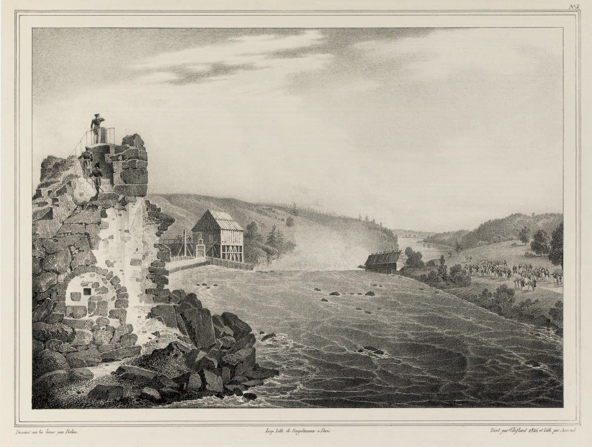 Relation du Trajet de l'Empereur Alexandre de la Station de Nissila à la Ville de Kaiana durant le dernier voyage de sa Majesté dans le Grand Duché de Finlande. [?St. Petersburgh:] 1828. Oblong 4° (334 x 465mm). Engraved title, title and parallel text in Russian, Finnish, German and French, 6 lithographed plates by Arnoud after Chislard (a few light mainly marginal stains). Contemporary half calf (scuffed, some wear to foot of spine). RARE.