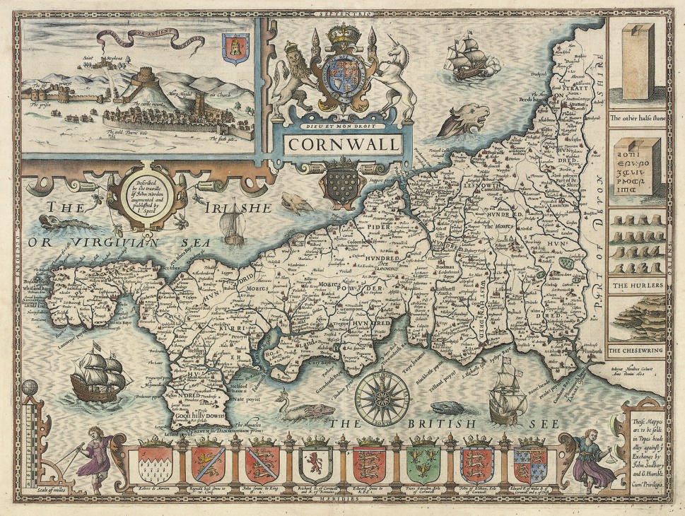 SPEED, John (1552-1629).  Cornwall. [London:] John Sudbury and G. Humble, [1611 or later]. Hand-coloured engraved map, title cartouche surmounted by Royal coat-of-arms, inset view of "Launceston or the Ancient Dunhevet", another panel containing antiquities and geological features, 8 coats-of-arms along lower border flanked by allegorical figures, galleons and sea-monsters, 380 x 510mm., framed and glazed. ONE OF THE MOST DECORATIVE OF ALL THE SPEED COUNTY MAPS.