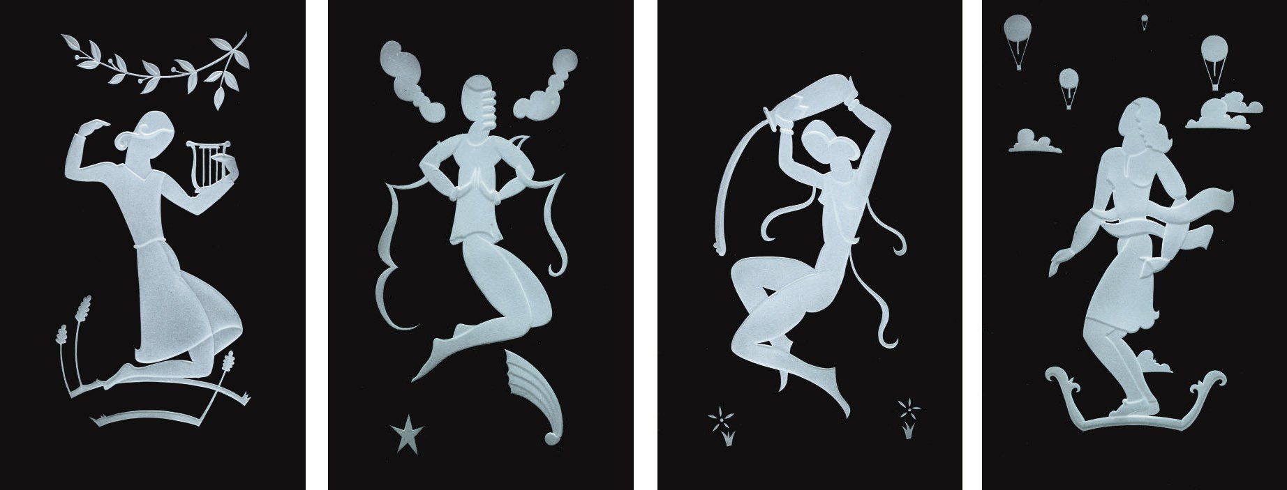 TWELVE SAND-BLASTED GLASS PANELS, CIRCA 1935