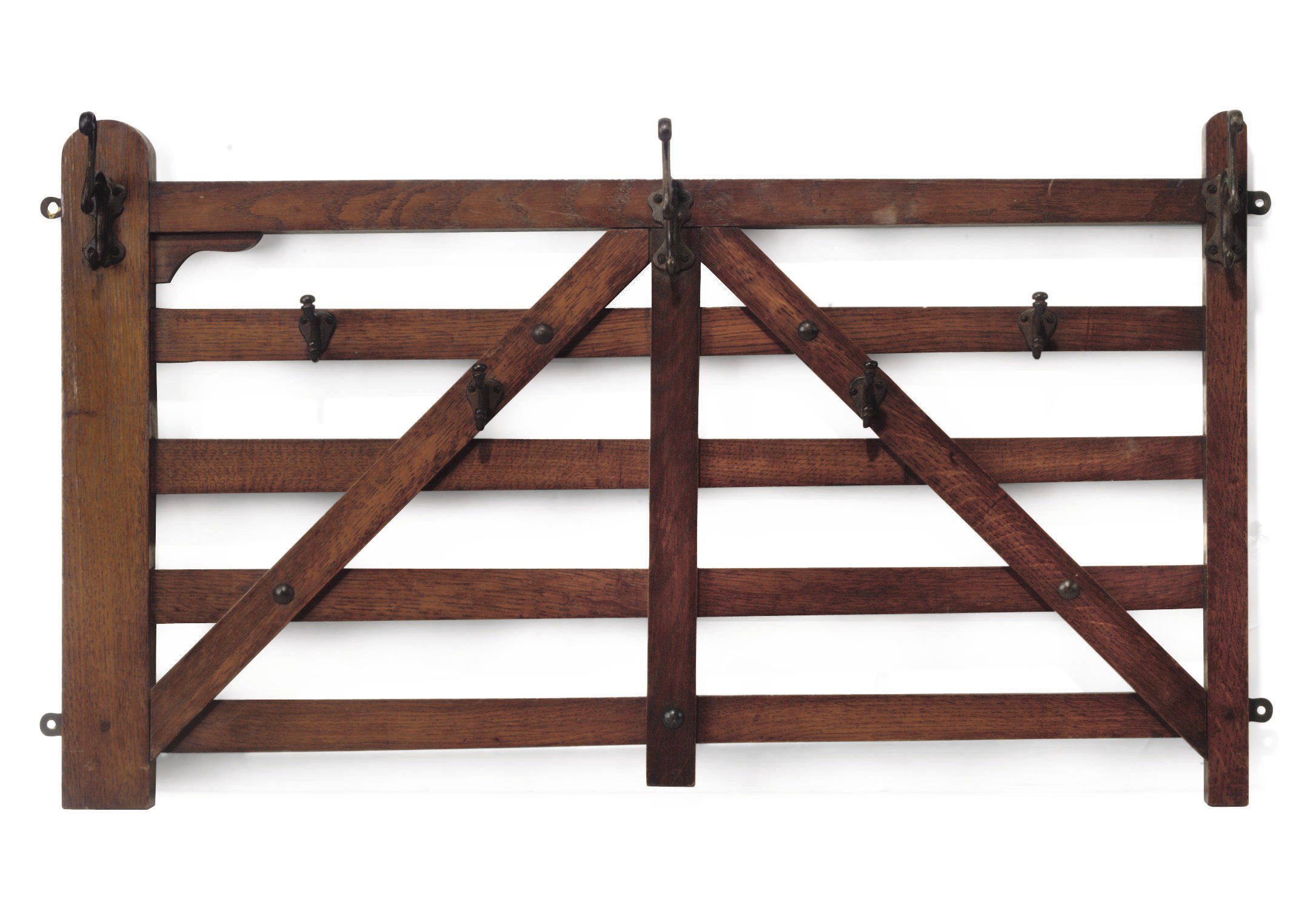 A VICTORIAN OAK HANGING COAT RACK IN THE FORM OF A FIVE-BAR GATE