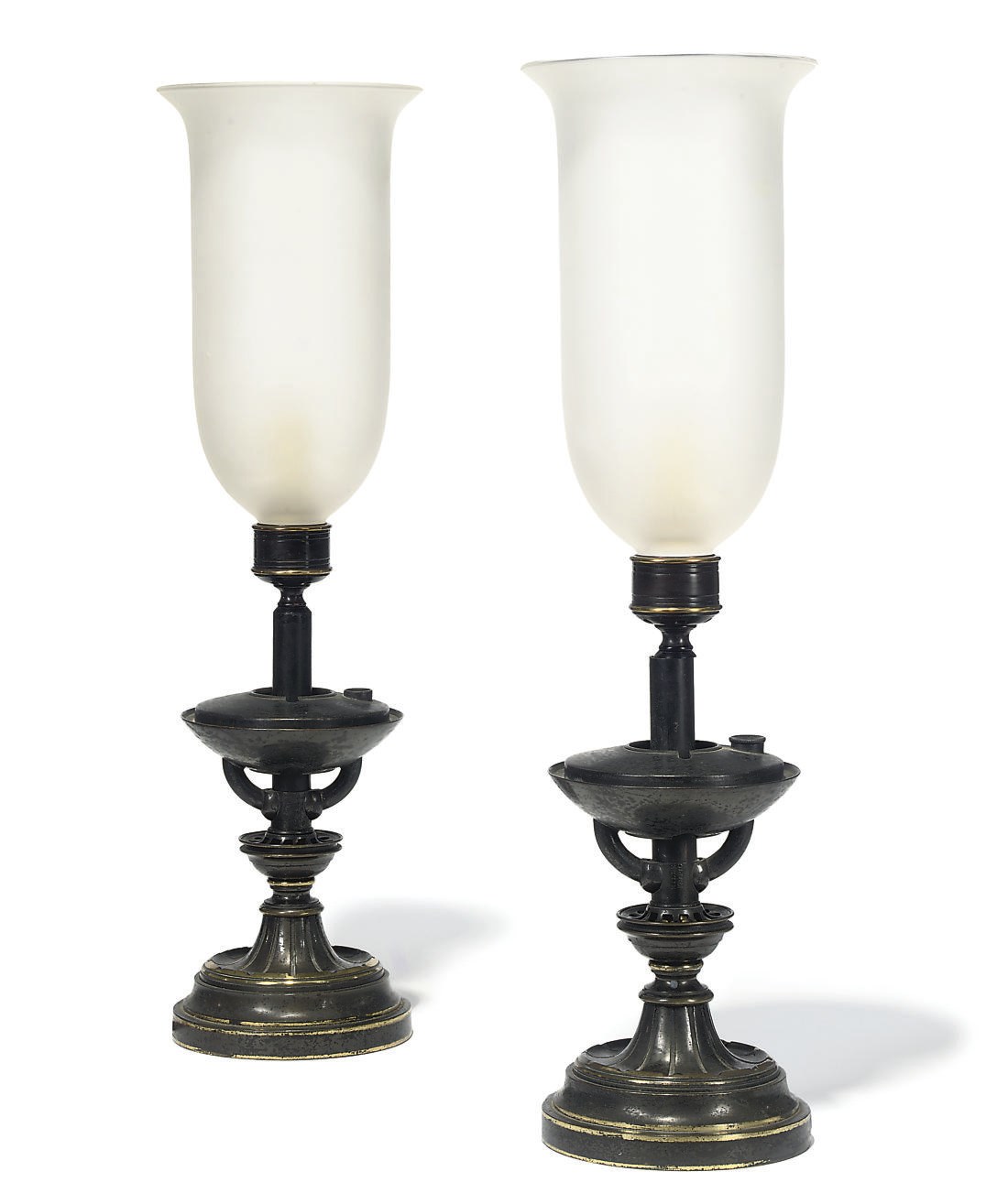 A PAIR OF REGENCY LACQUERED BRASS OIL LAMPS