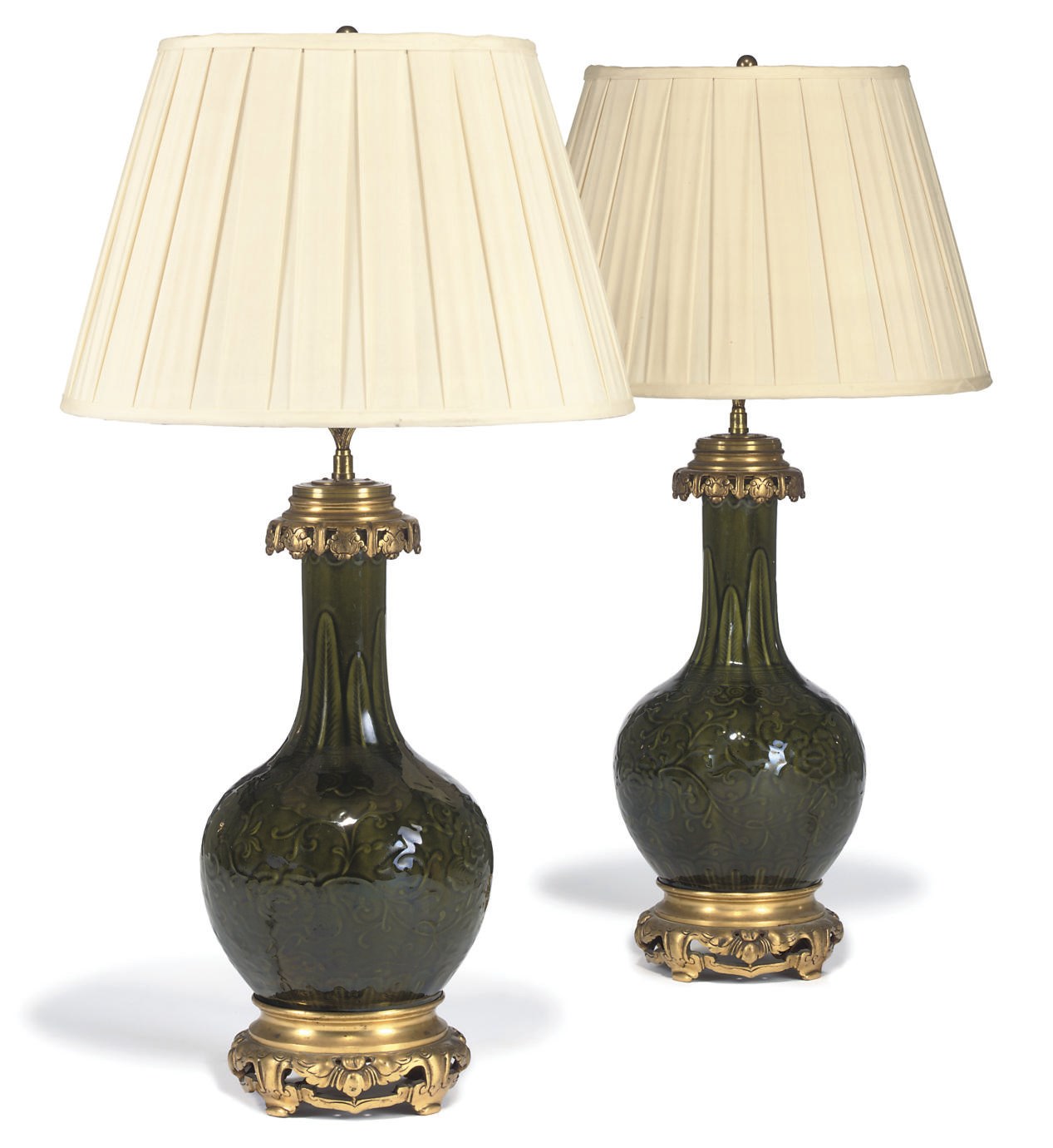 A PAIR OF CHINESE GREEN-GLAZED GILT-BRASS MOUNTED VASES ADAPTED AS LAMPS