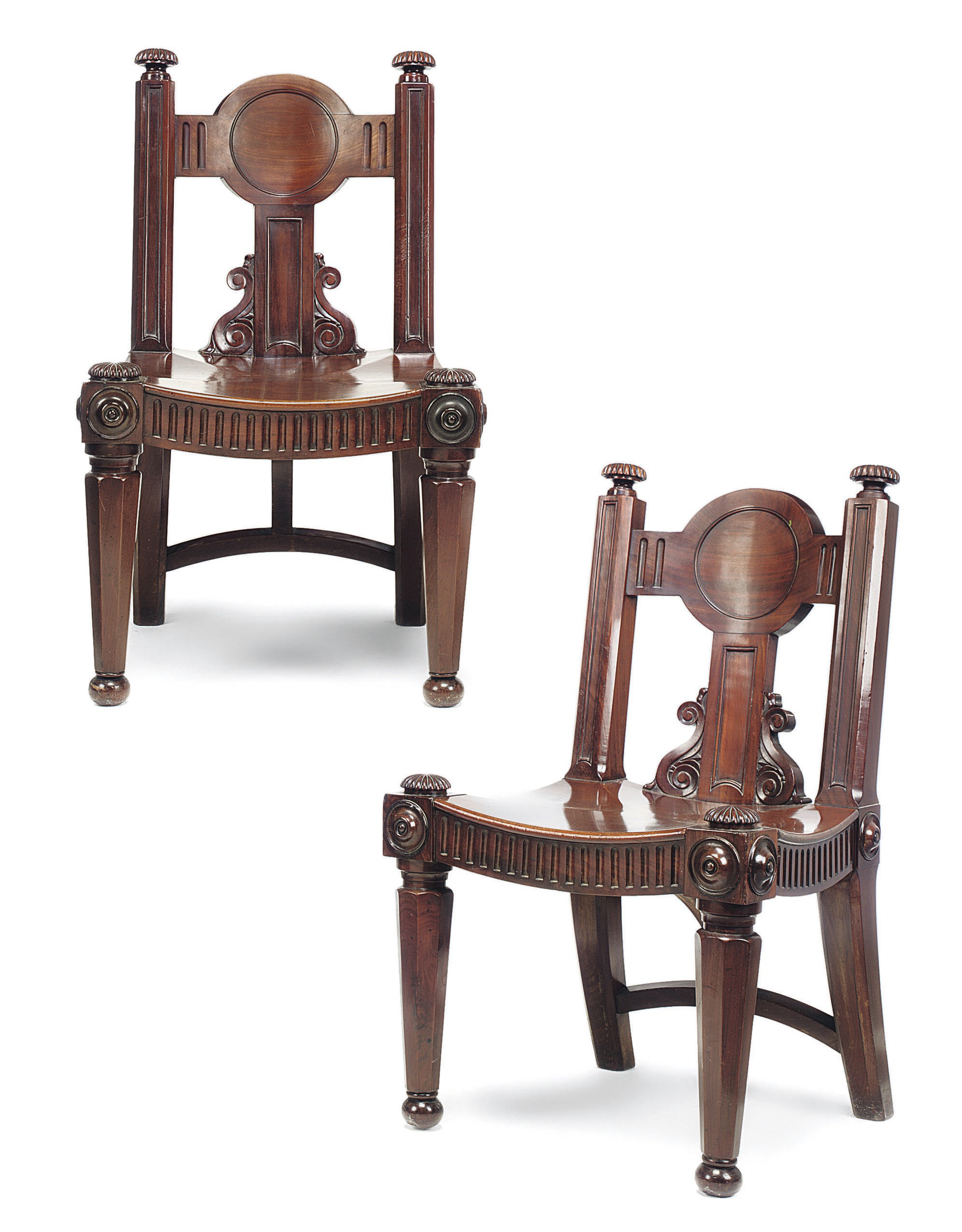 A PAIR OF GEORGE IV MAHOGANY HALL CHAIRS