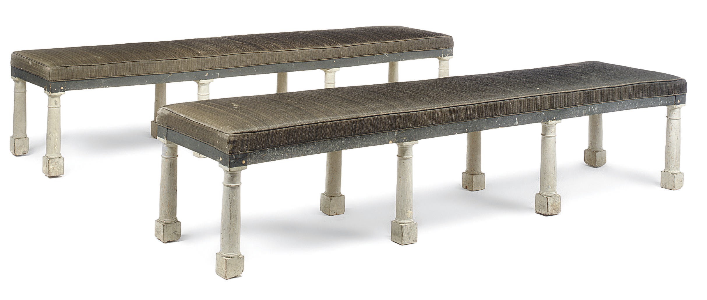 A PAIR OF RESTAURATION GREY-PAINTED BEECH BILLIARD ROOM STOOLS