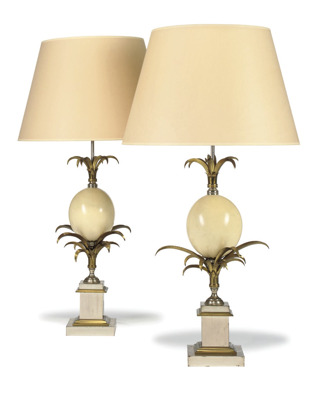 A PAIR OF SILVERED-BRASS OSTRICH EGG LAMPS