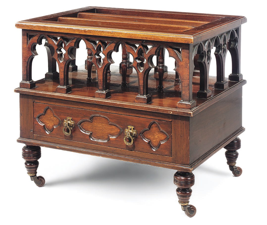 A VICTORIAN WALNUT GOTHIC CANTERBURY