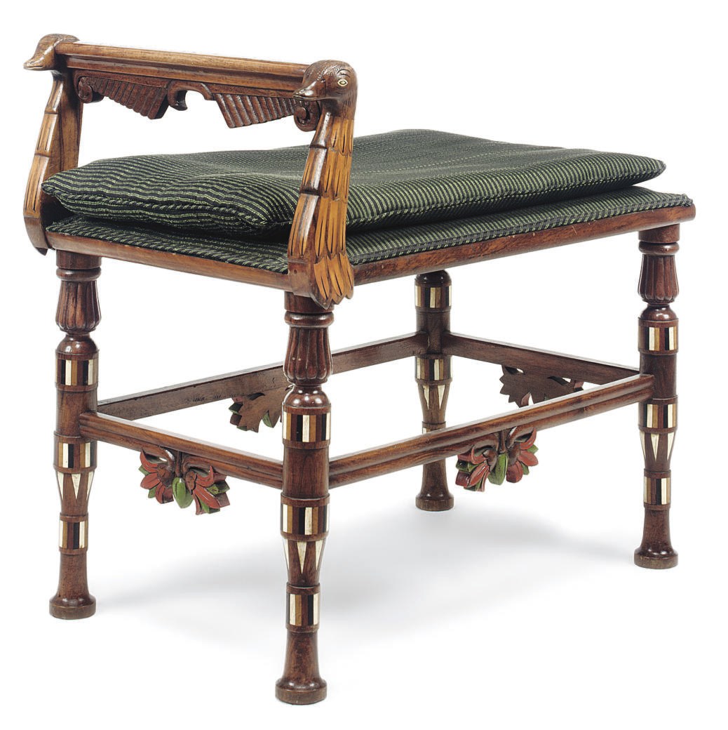 AN EGYPTIAN REVIVAL IVORY, PARQUETRY-INLAID AND PAINTED HARDWOOD STOOL