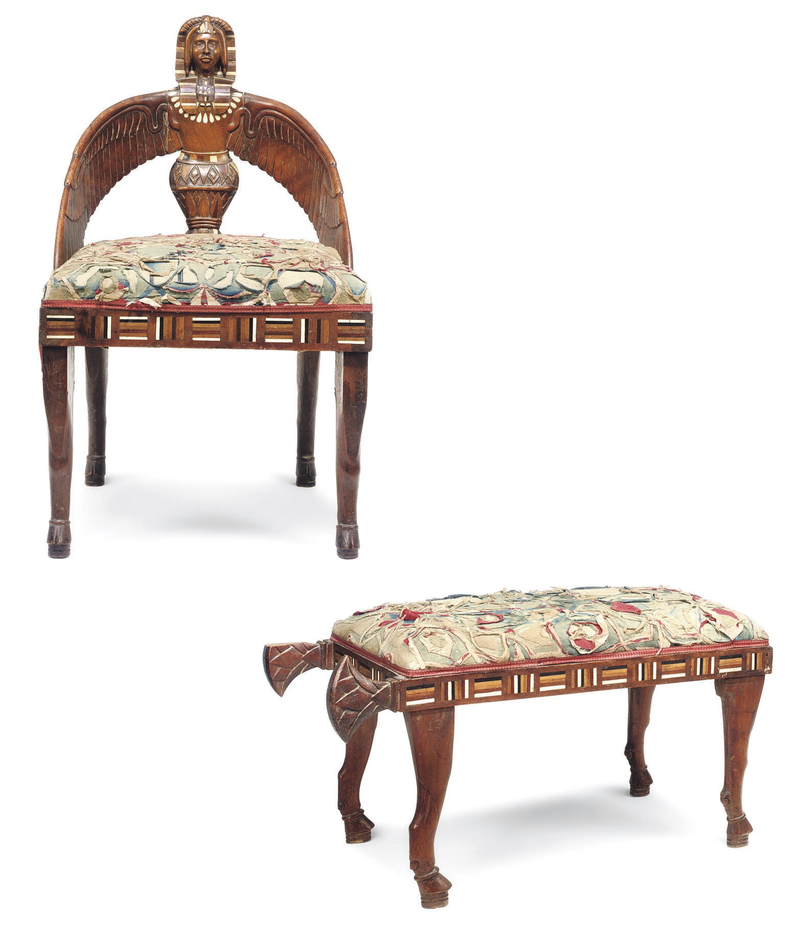 AN EGYPTIAN REVIVAL IVORY, MOTHER-OF-PEARL AND PARQUETRY-INLAID HARDWOOD CHAIR AND MATCHING STOOL