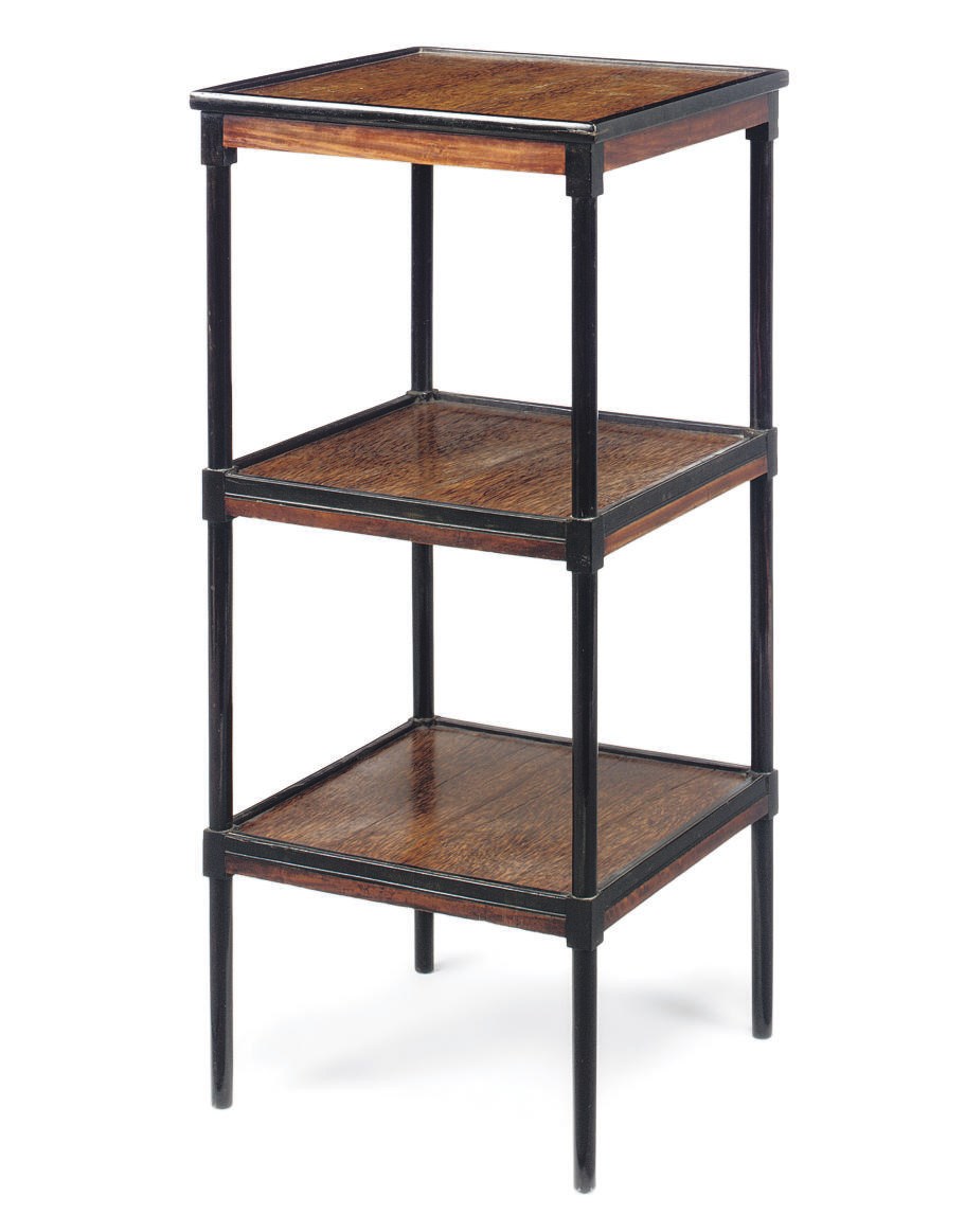 AN ANGLO-INDIAN PALMWOOD, EBONY AND SATINWOOD THREE-TIER ÉTAGÈRE