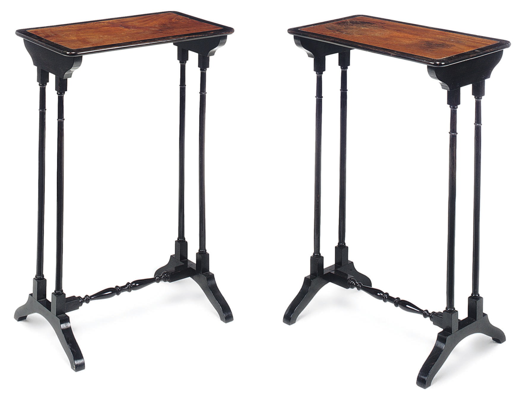 A PAIR OF ANGLO-INDIAN BRASS-INLAID SATINWOOD AND EBONY OCCASIONAL TABLES