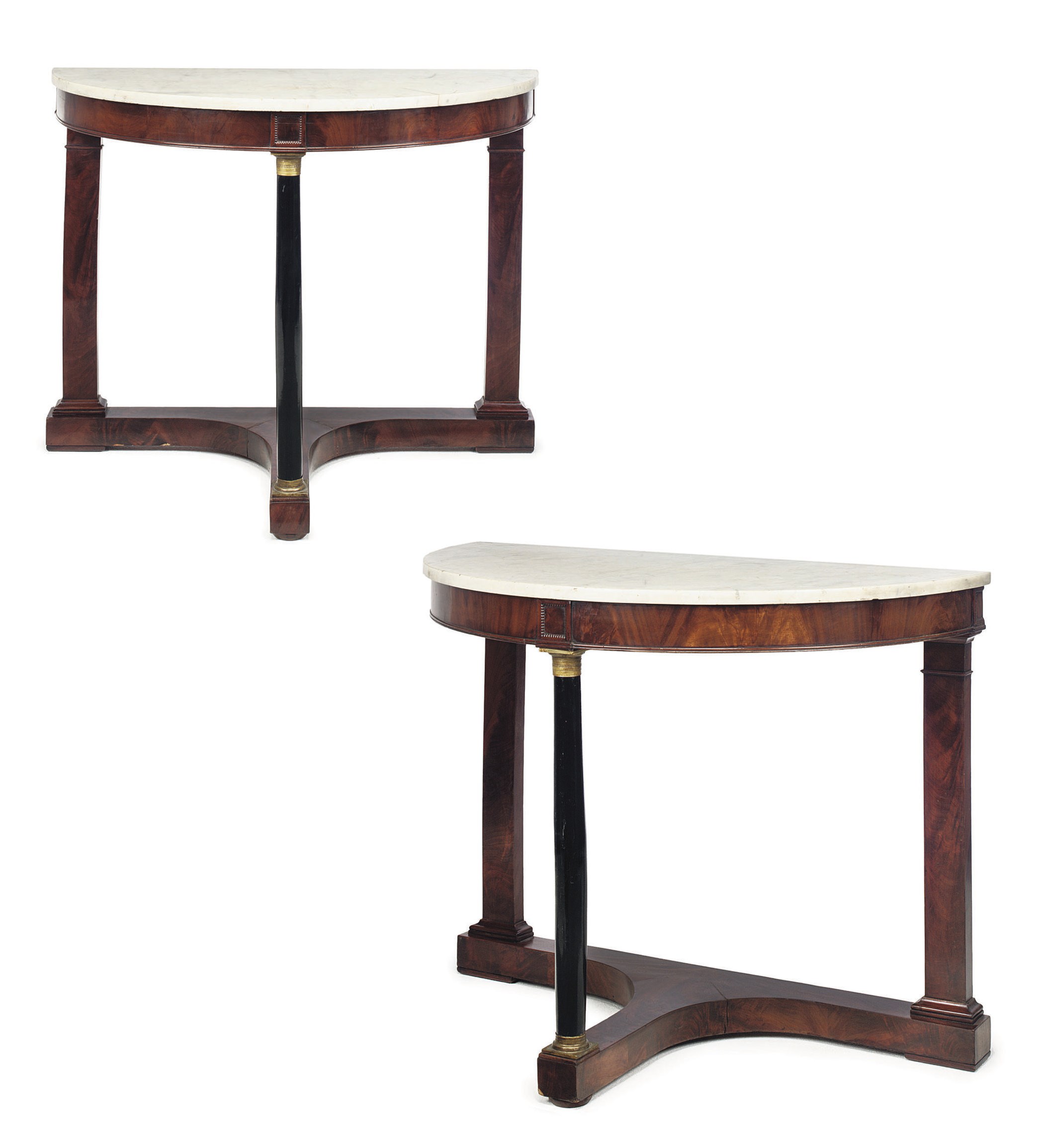 A PAIR OF NORTH ITALIAN BRASS-MOUNTED MAHOGANY AND EBONISED DEMI-LUNE SIDE TABLES