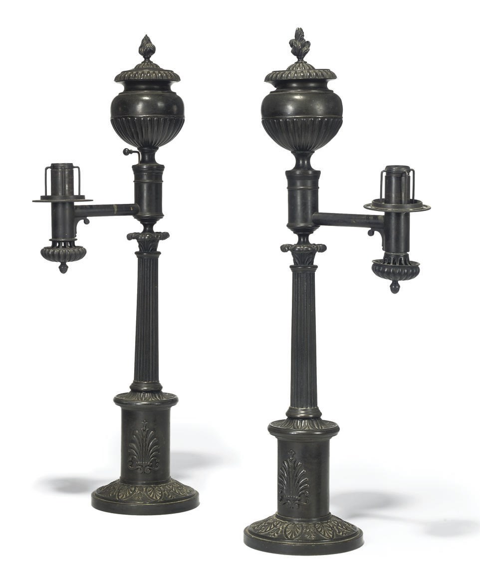 A PAIR OF REGENCY LACQUERED BRASS COLZA LAMPS