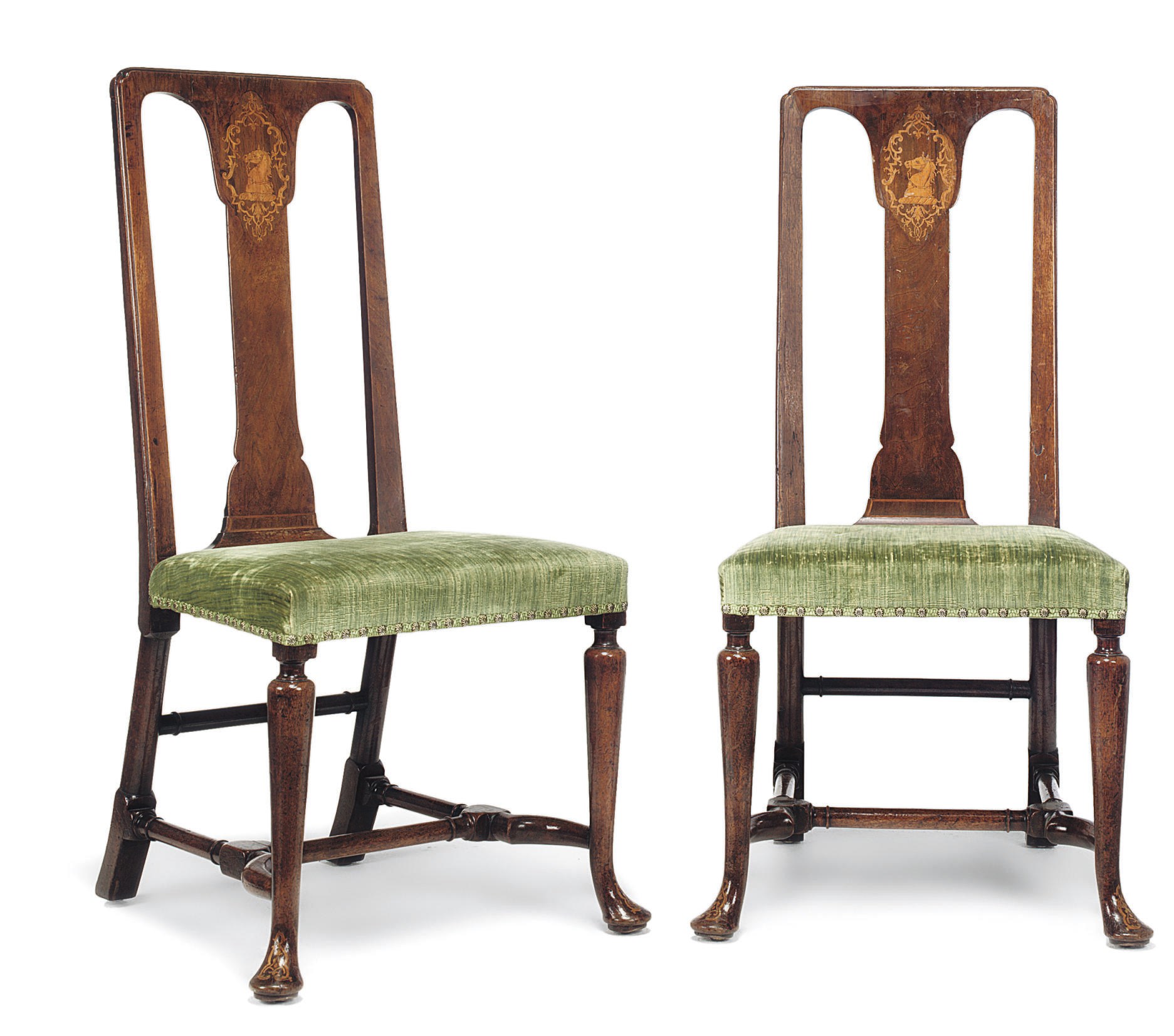 A PAIR OF GEORGE I WALNUT AND MARQUETRY SIDE CHAIRS
