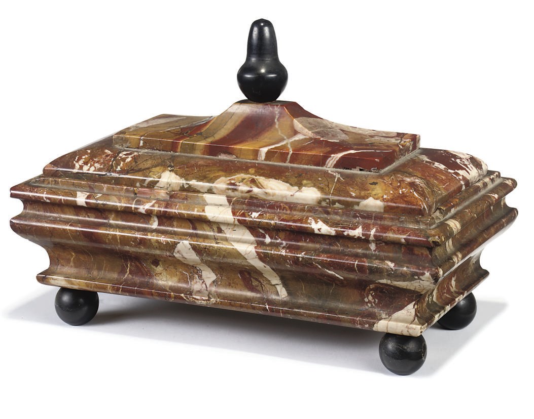 AN ITALIAN BRECCIA AND BLACK MARBLE INKSTAND, IN THE FORM OF A SARCOPHAGUS