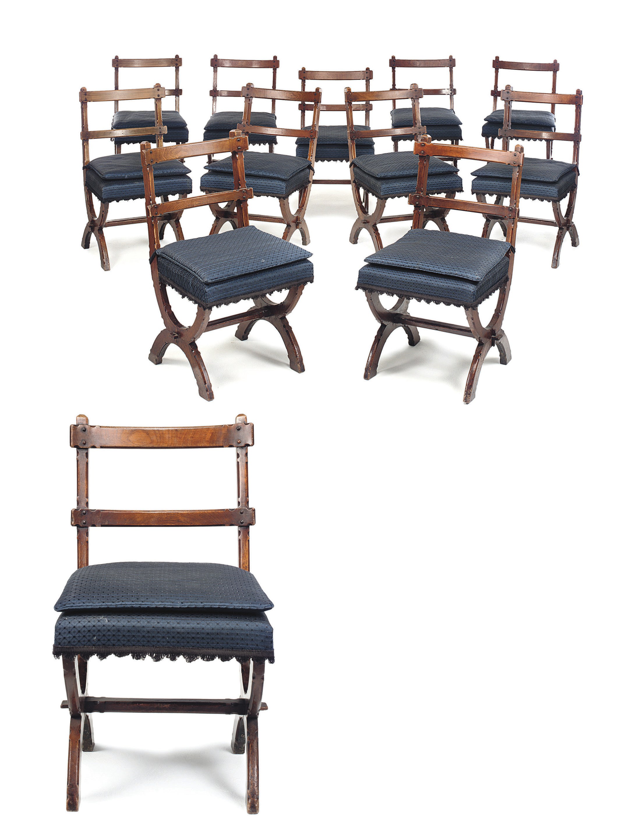 A SET OF TWELVE OAK X-FRAME DINING CHAIRS