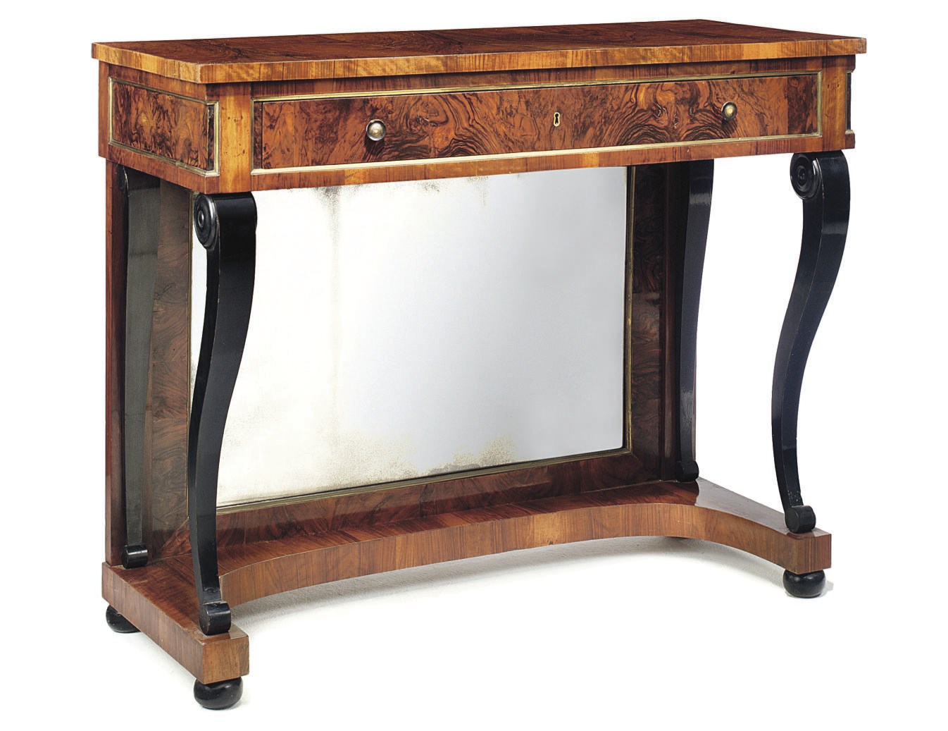 A NORTH ITALIAN OR SPANISH BRASS-MOUNTED WALNUT AND EBONISED SIDE TABLE