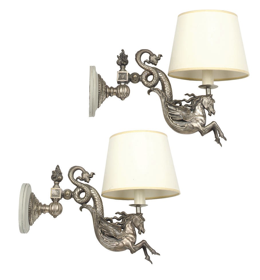 A PAIR OF VICTORIAN SILVERED BRASS HIPPOCAMP WALL-LIGHTS