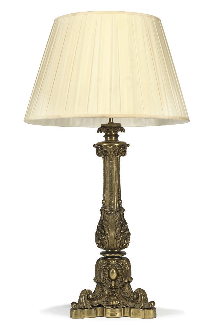 AN IRISH EARLY VICTORIAN LACQUERED SILVERED BRASS CANDLESTICK LAMP