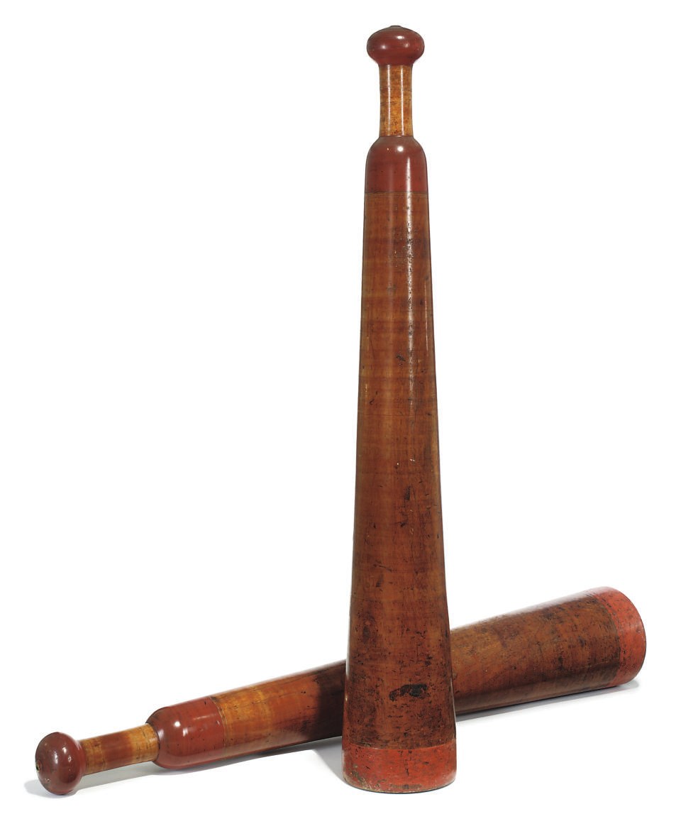 A PAIR OF INDIAN TEAK AND PART-PAINTED EXERCISE CLUBS