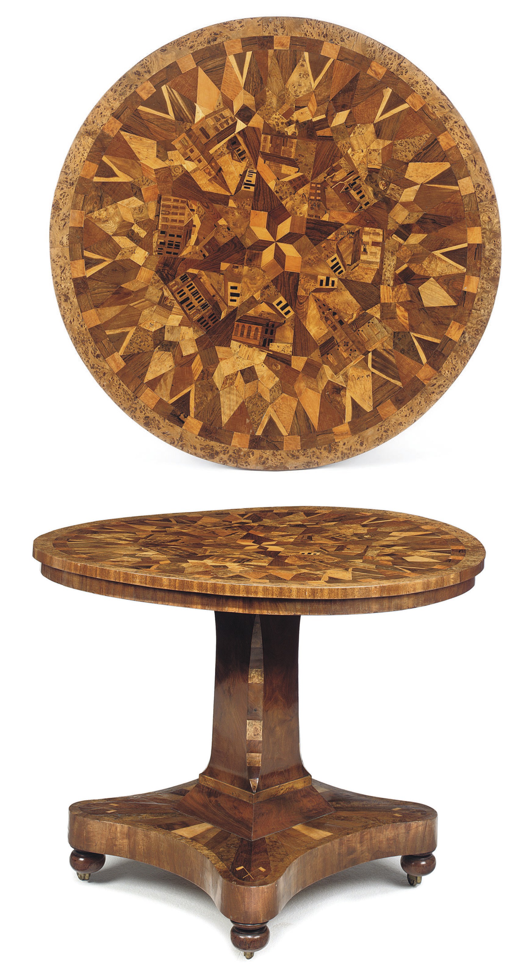 AN EARLY VICTORIAN SPECIMEN WOOD, MAHOGANY AND BURR-ELM CIRCULAR CENTRE TABLE
