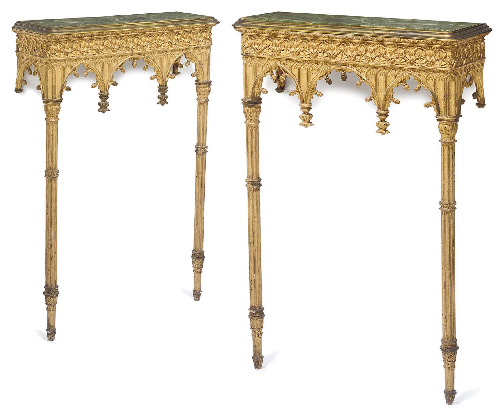 A PAIR OF GERMAN GOTHIC 'TROUBADOUR' BRASS-MOUNTED GILTWOOD PIER TABLES