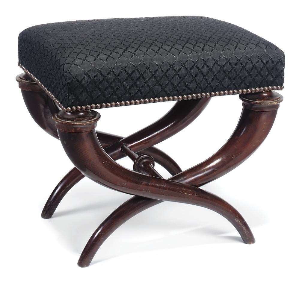 A BIEDERMEIER STAINED BEECH AND ASH X-FRAME STOOL