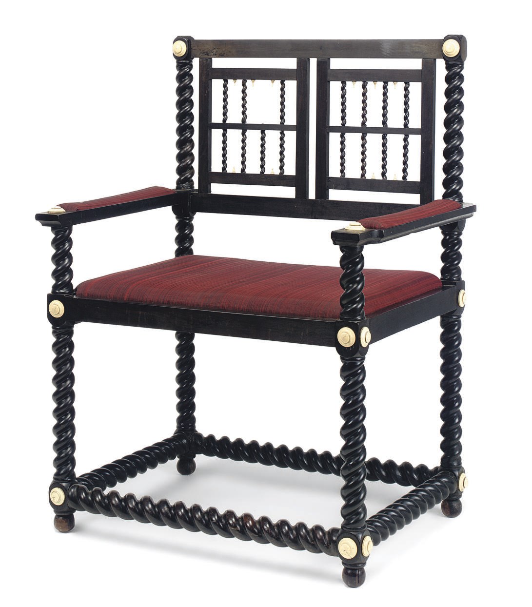 AN ANGLO-INDIAN EBONY AND IVORY ARMCHAIR