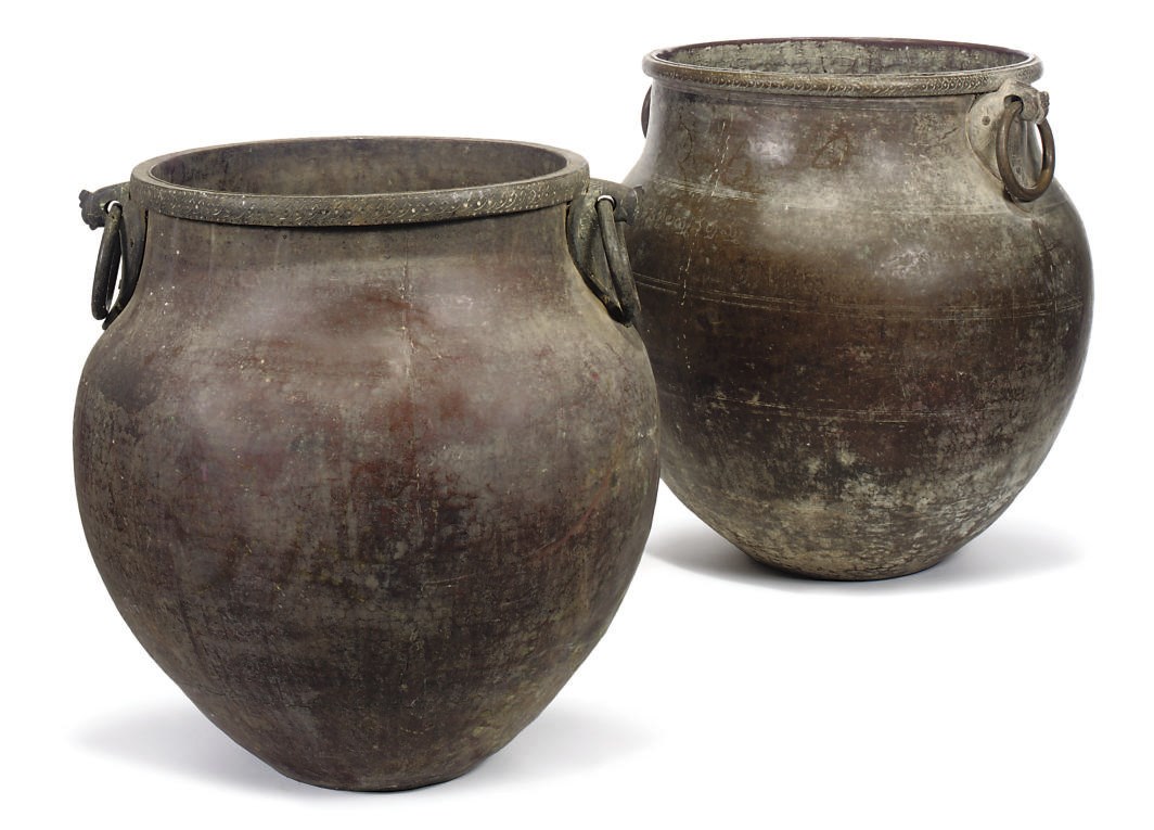 TWO BURMESE (MYANMAR) BRASS TEA CANISTERS