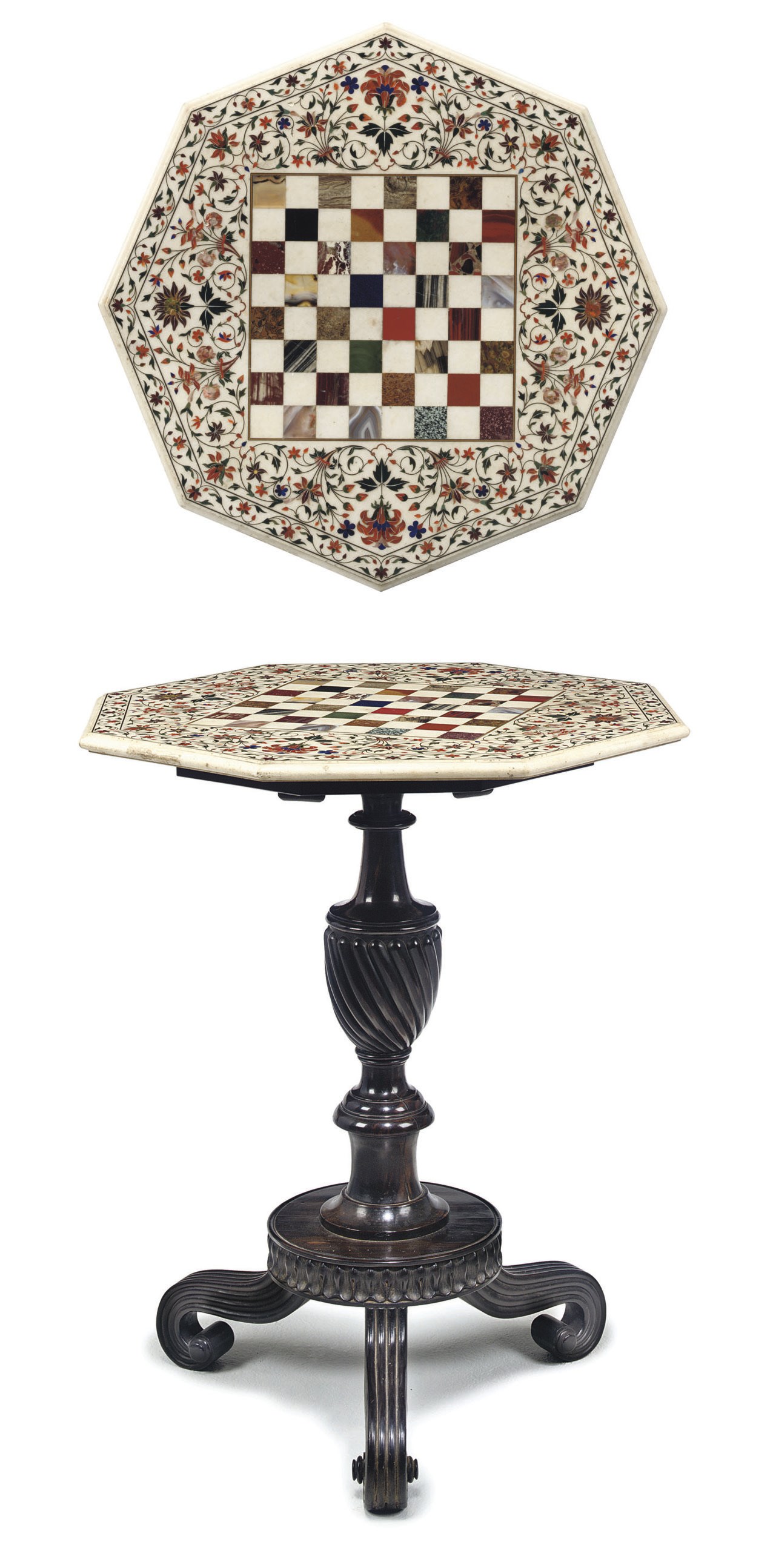 AN ANGLO-INDIAN SPECIMEN MARBLE TOPPED EBONY OCTAGONAL GAMES TABLE