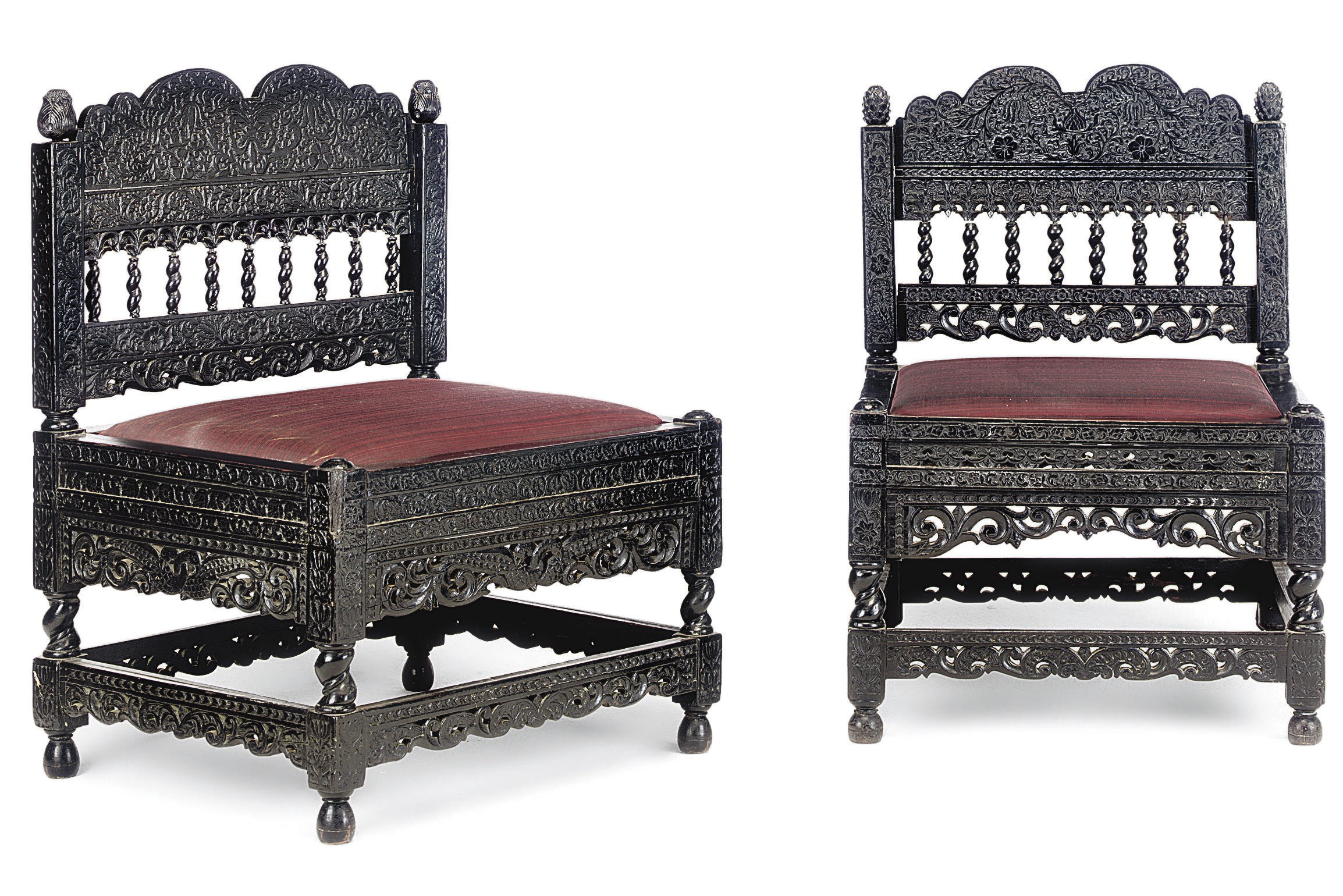TWO INDIAN EBONY LOW CHAIRS