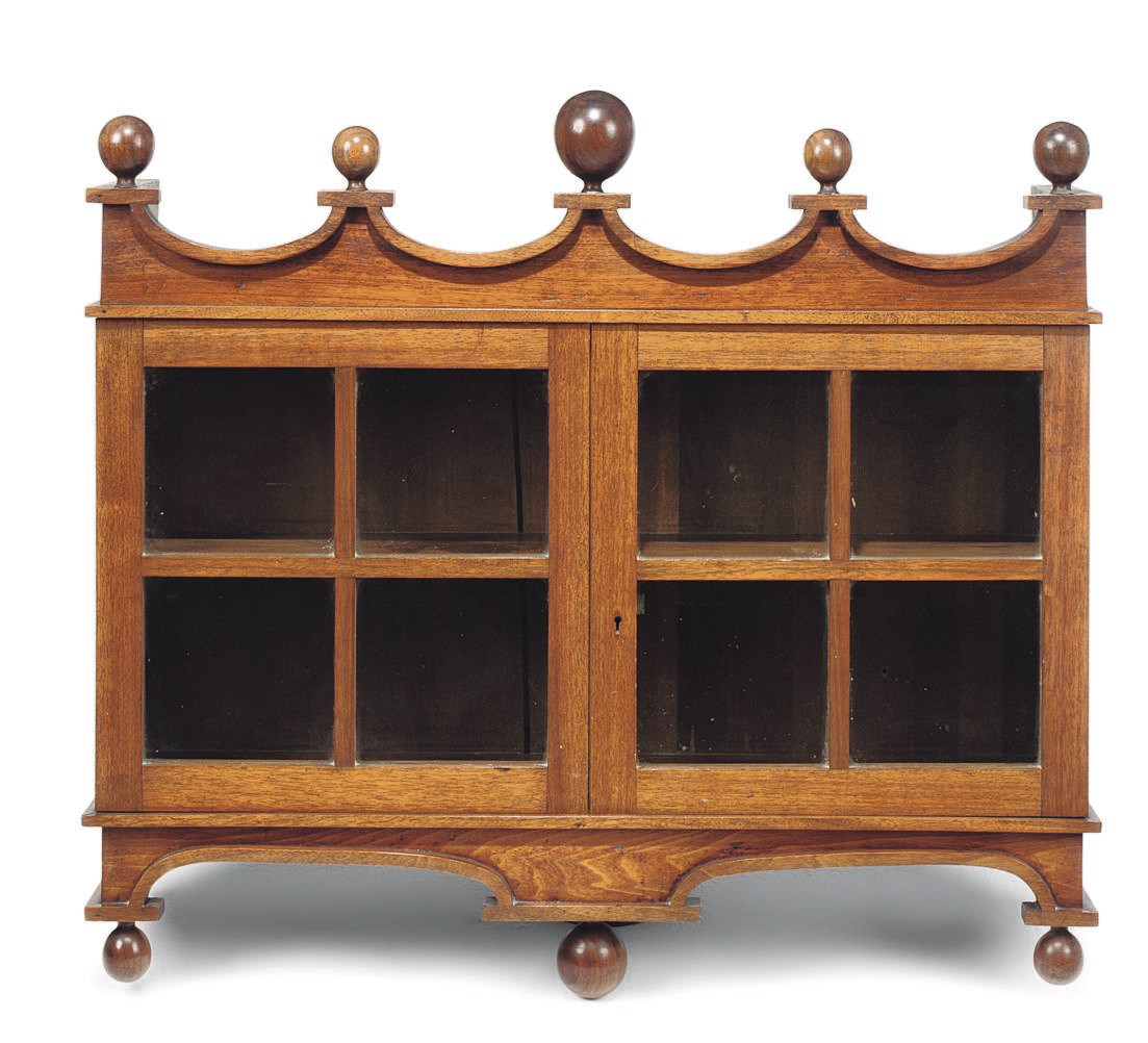 A COLONIAL HARDWOOD HANGING DISPLAY-CABINET