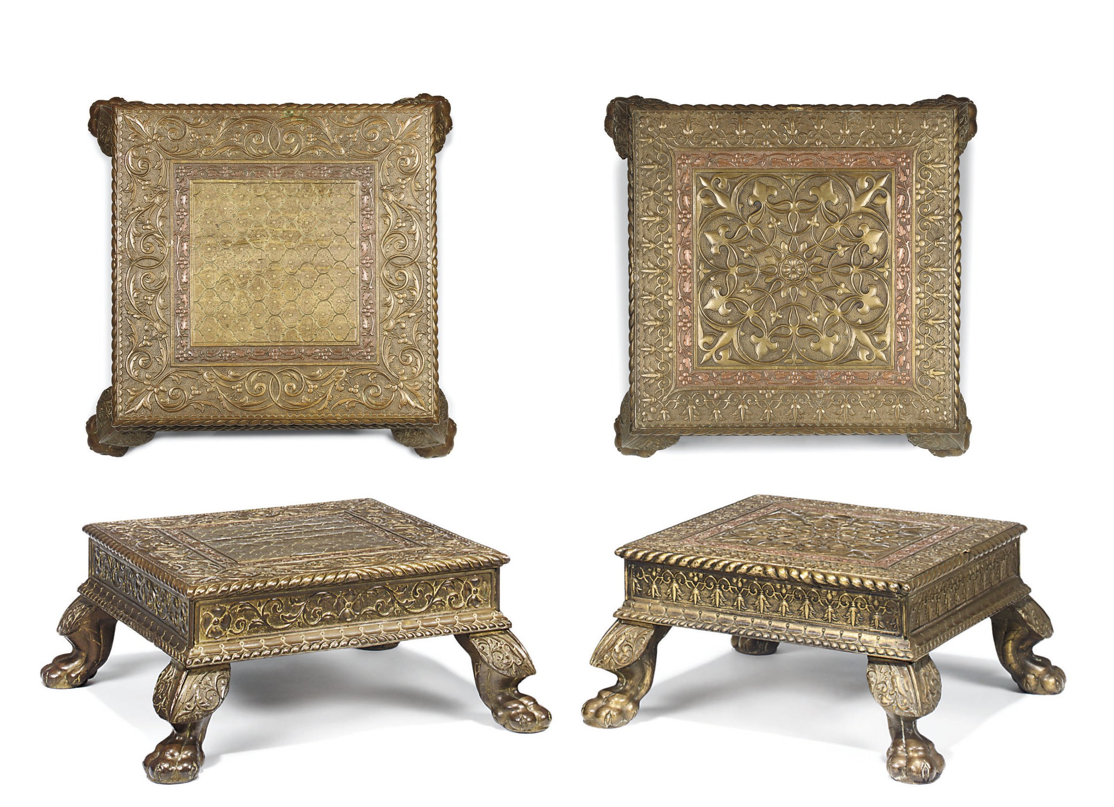 A PAIR OF INDIAN BRASS LOW TABLES