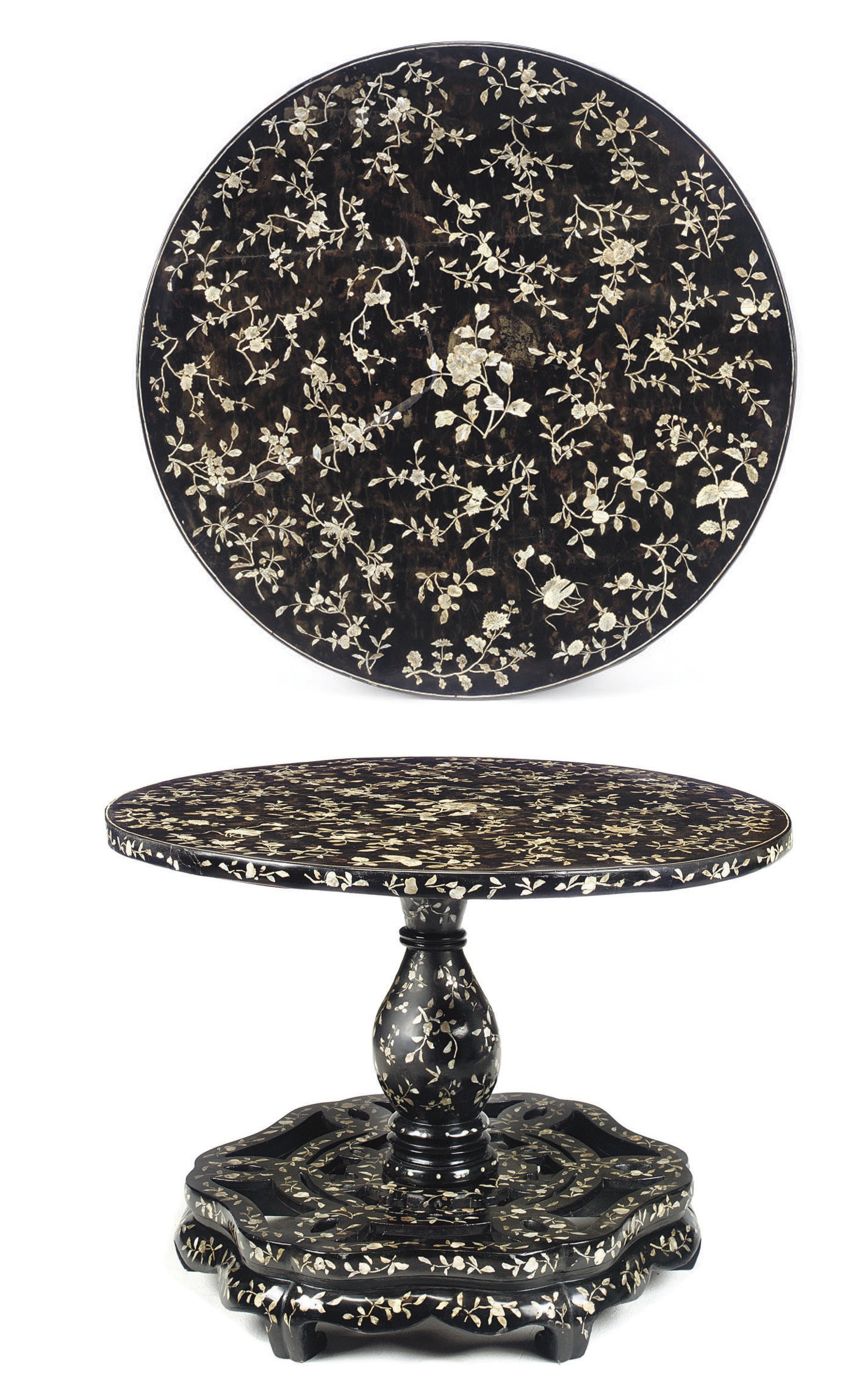 A CHINESE MOTHER-OF-PEARL INLAID LACQUER CIRCULAR CENTRE TABLE