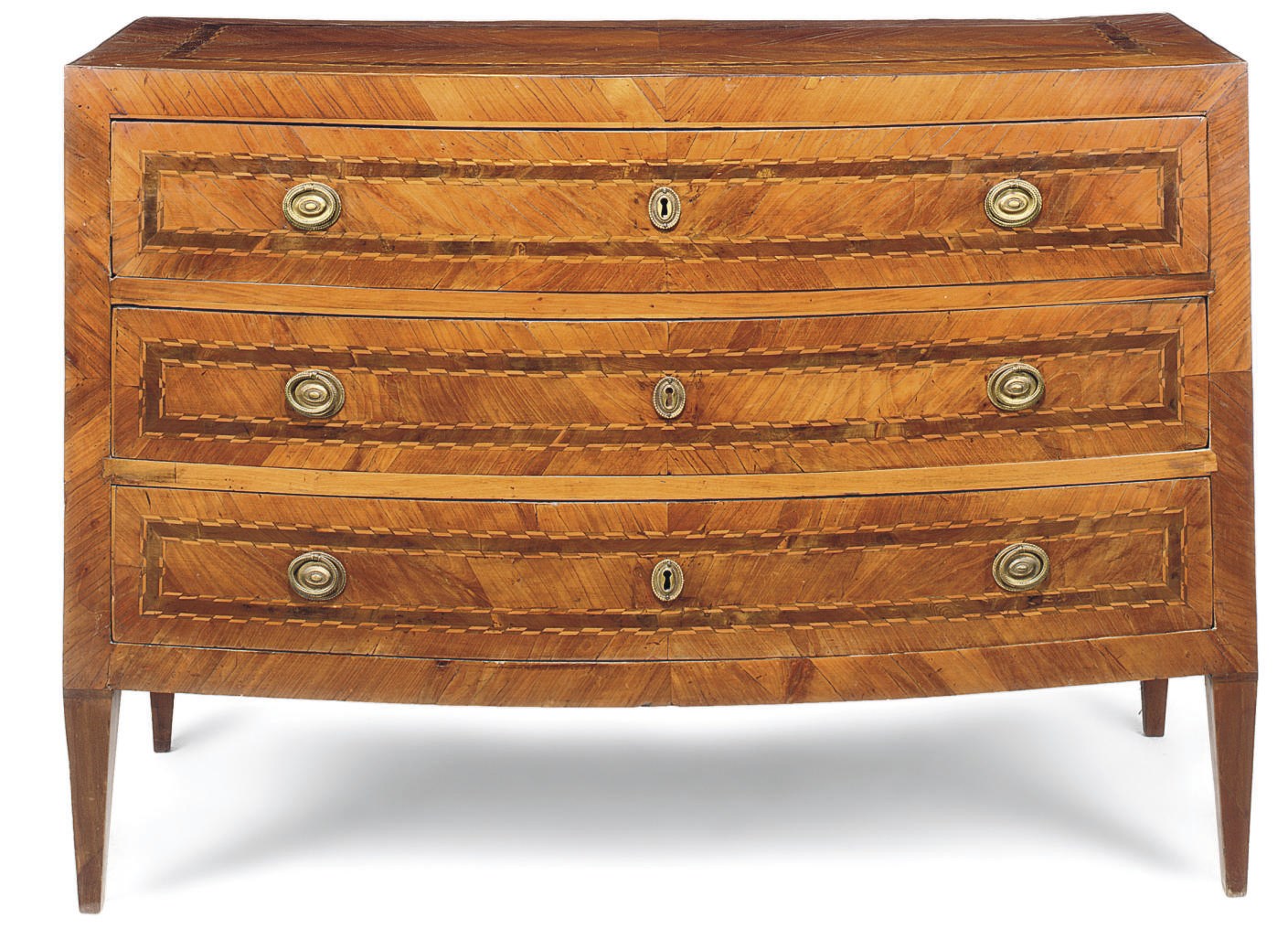 A NORTH ITALIAN CHERRY AND CEDAR CROSSBANDED BOWFRONT COMMODE