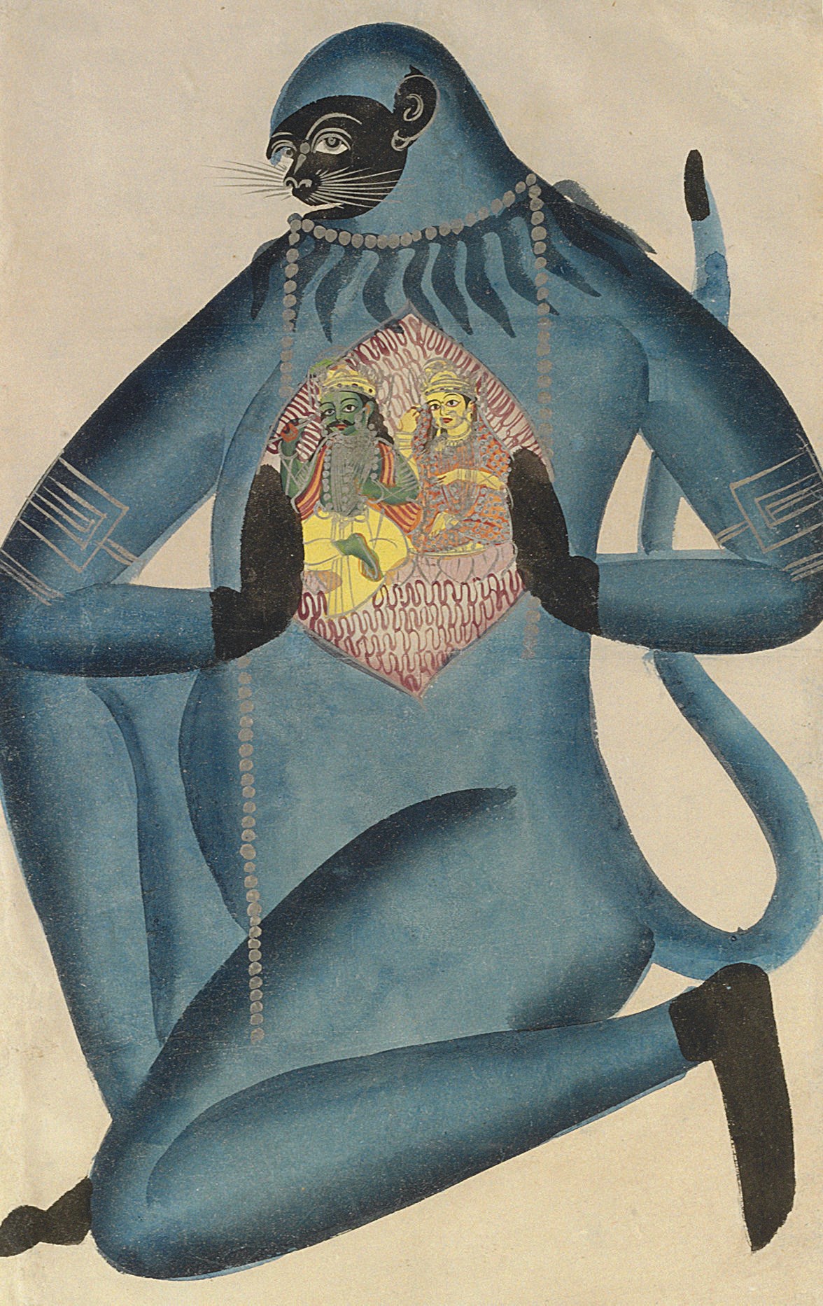A Kalligat Painting of Hanuman illustrating his Devotion to Ram and Sita
