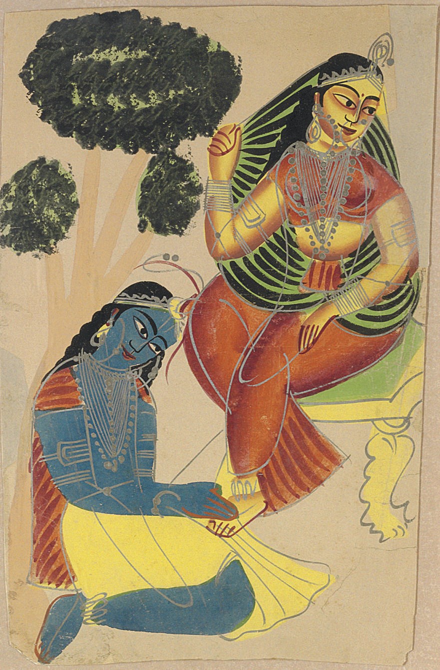A Kalligat Painting of Krishna washing Radha's Feet
