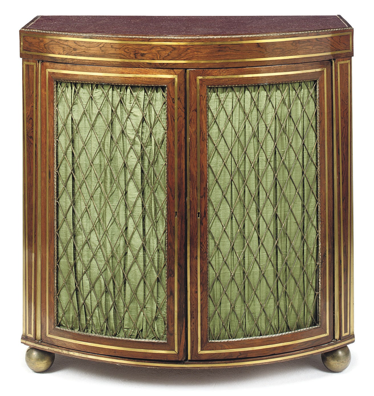A REGENCY BRASS-INLAID ROSEWOOD AND PORPHYRY BOWFRONT SIDE CABINET