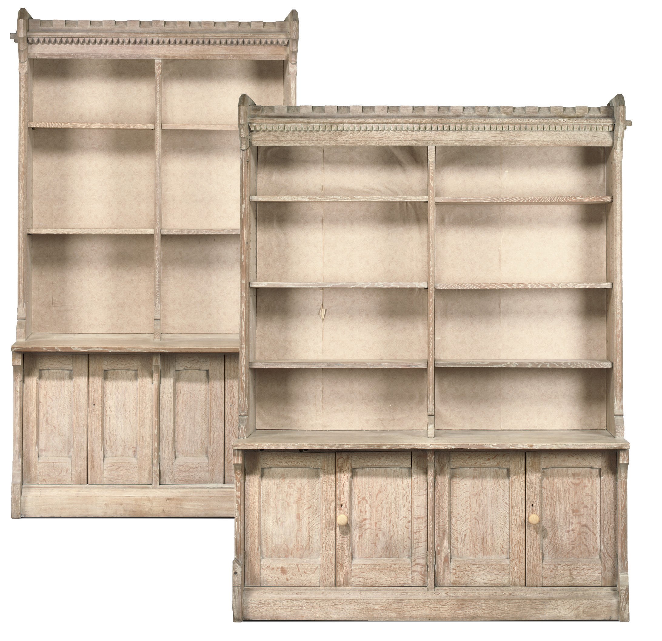 TWO VICTORIAN LIMED-OAK OPEN BOOKCASES