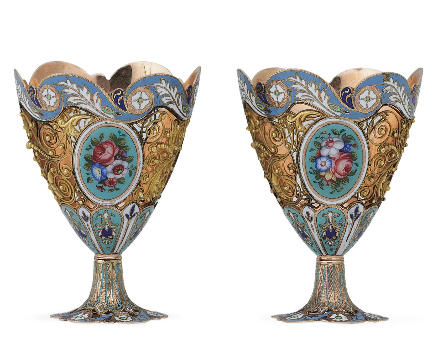 A PAIR OF SWISS GOLD AND ENAMEL FILIGREE ZARFS