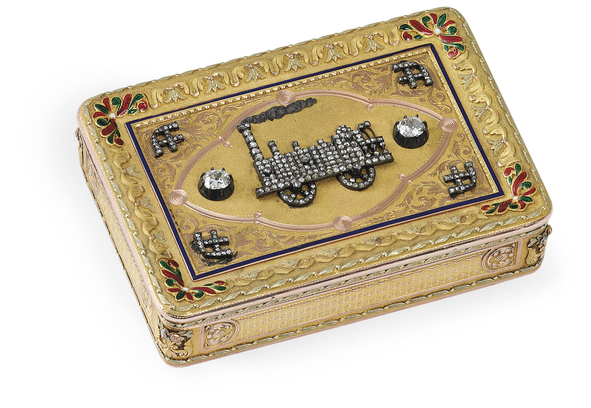 A FINE GERMAN VARI-COLOR GOLD, ENAMEL AND GEM-SET SNUFFBOX