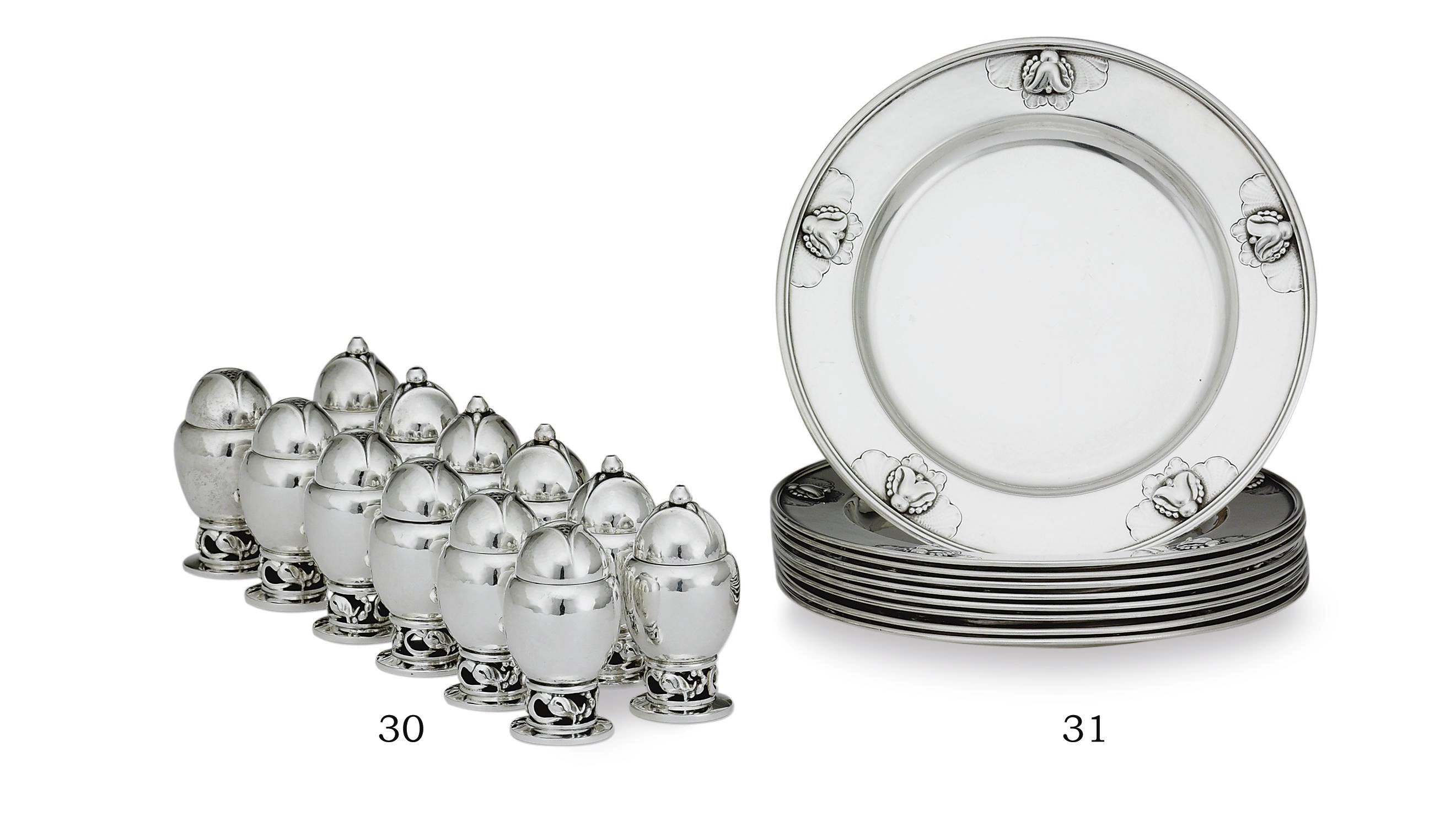 A SET OF SIX DANISH SILVER SALT AND PEPPER CASTERS DESIGNED BY GEORG JENSEN