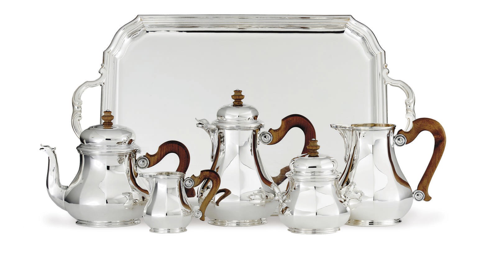 A FRENCH FIVE-PIECE SILVER TEA AND COFFEE SERVICE WITH TRAY