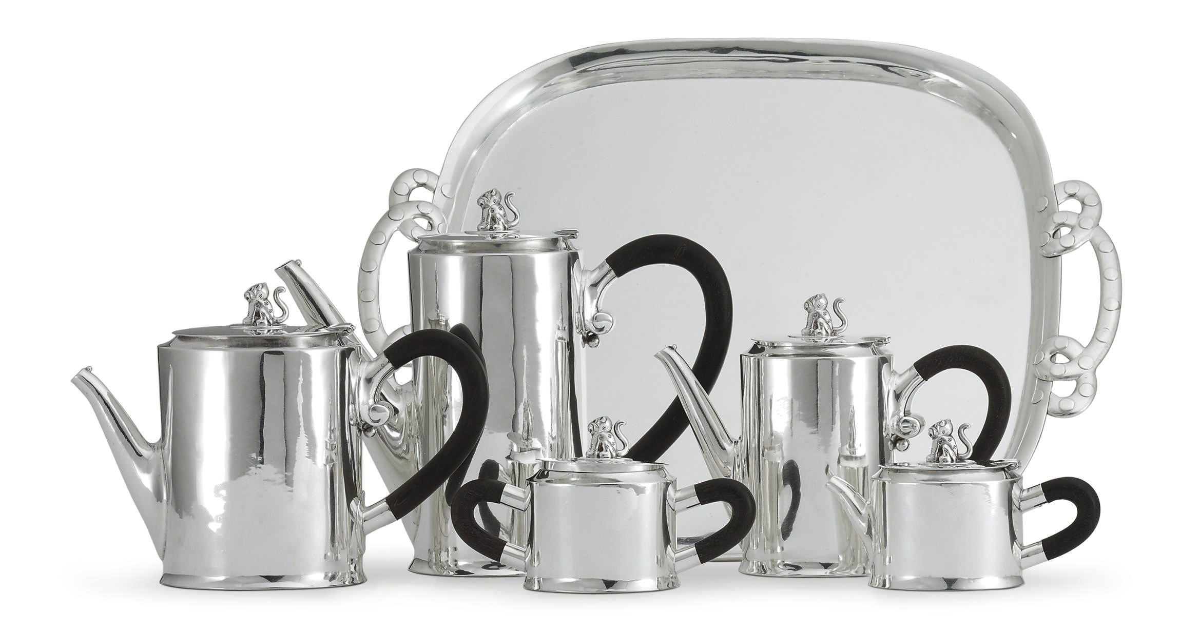 A MEXICAN SILVER FIVE-PIECE TEA AND COFFEE SERVICE WITH TRAY