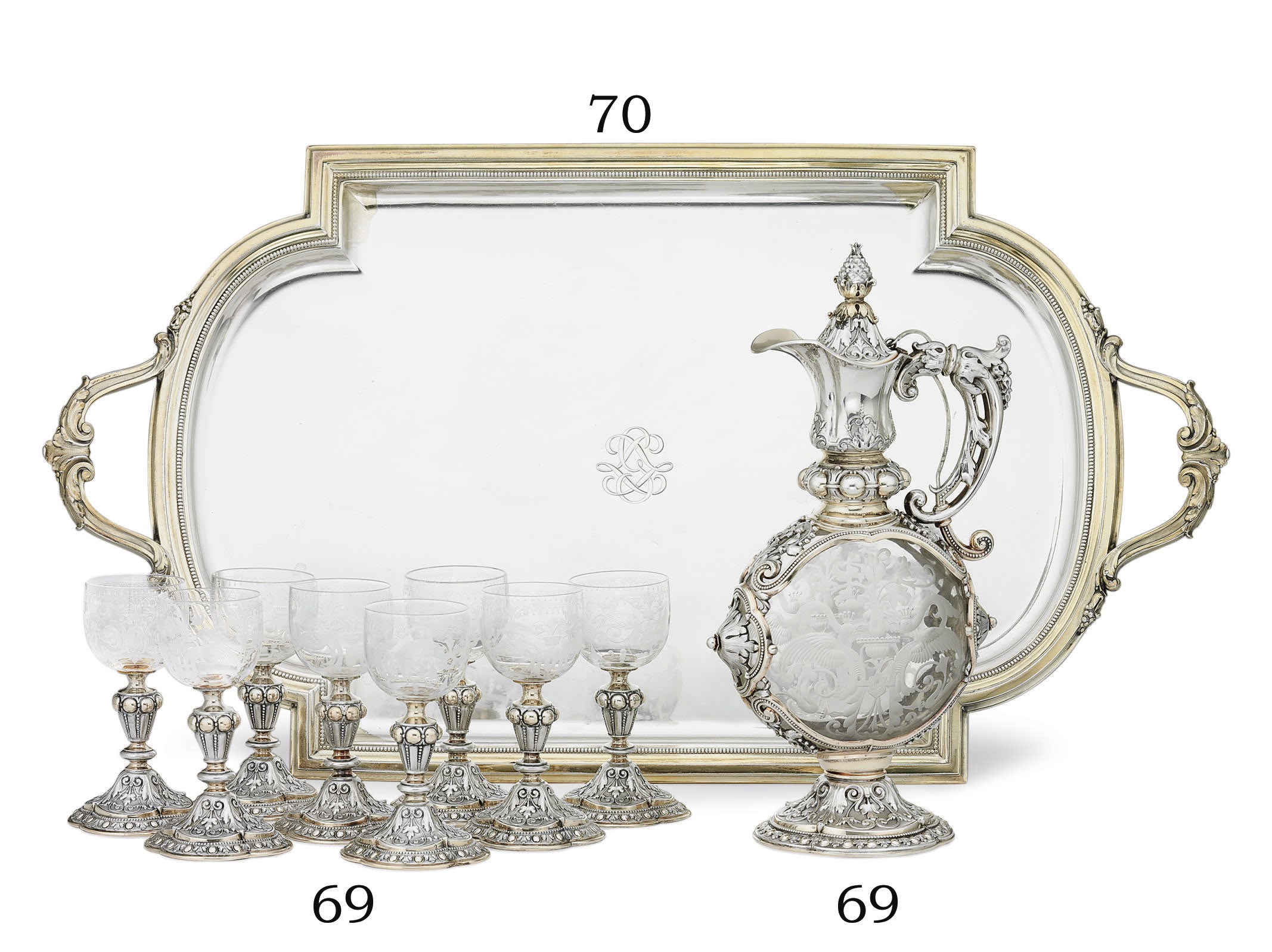 A GERMAN PARCEL-GILT SILVER AND GLASS WINE EWER AND EIGHT GOBLETS