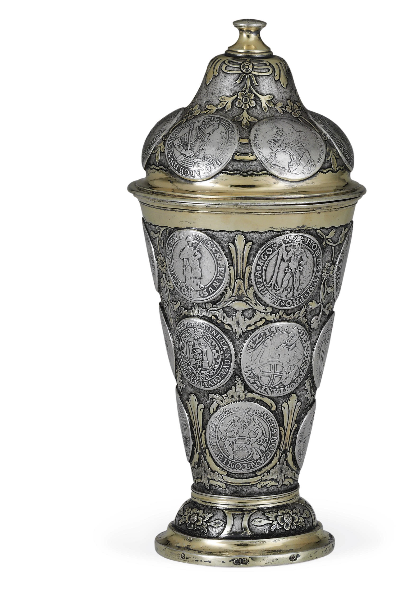 A GERMAN PARCEL-GILT SILVER COIN-SET BEAKER AND COVER