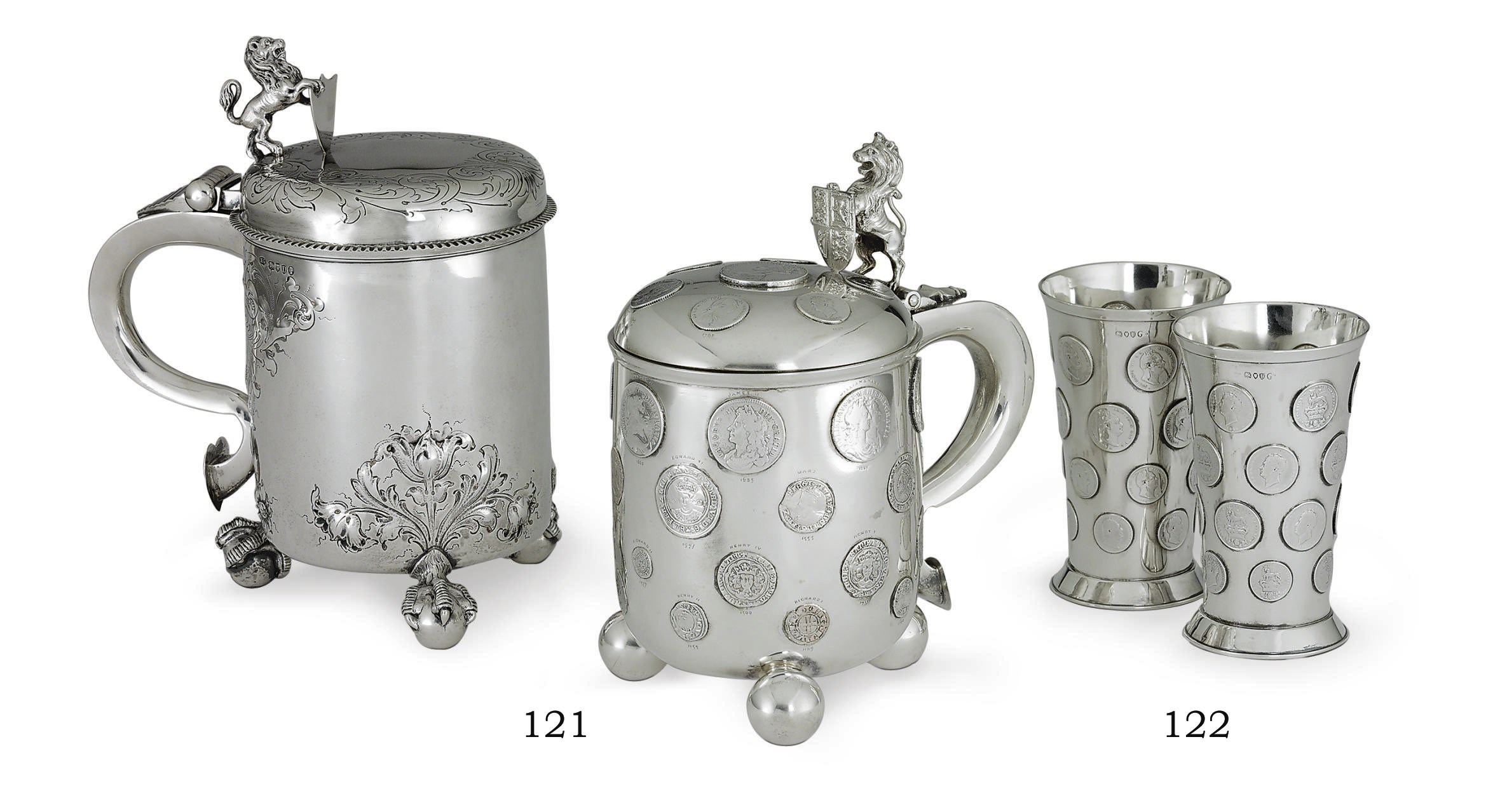 A VICTORIAN SILVER TANKARD AND A PAIR OF SILVER BEAKERS