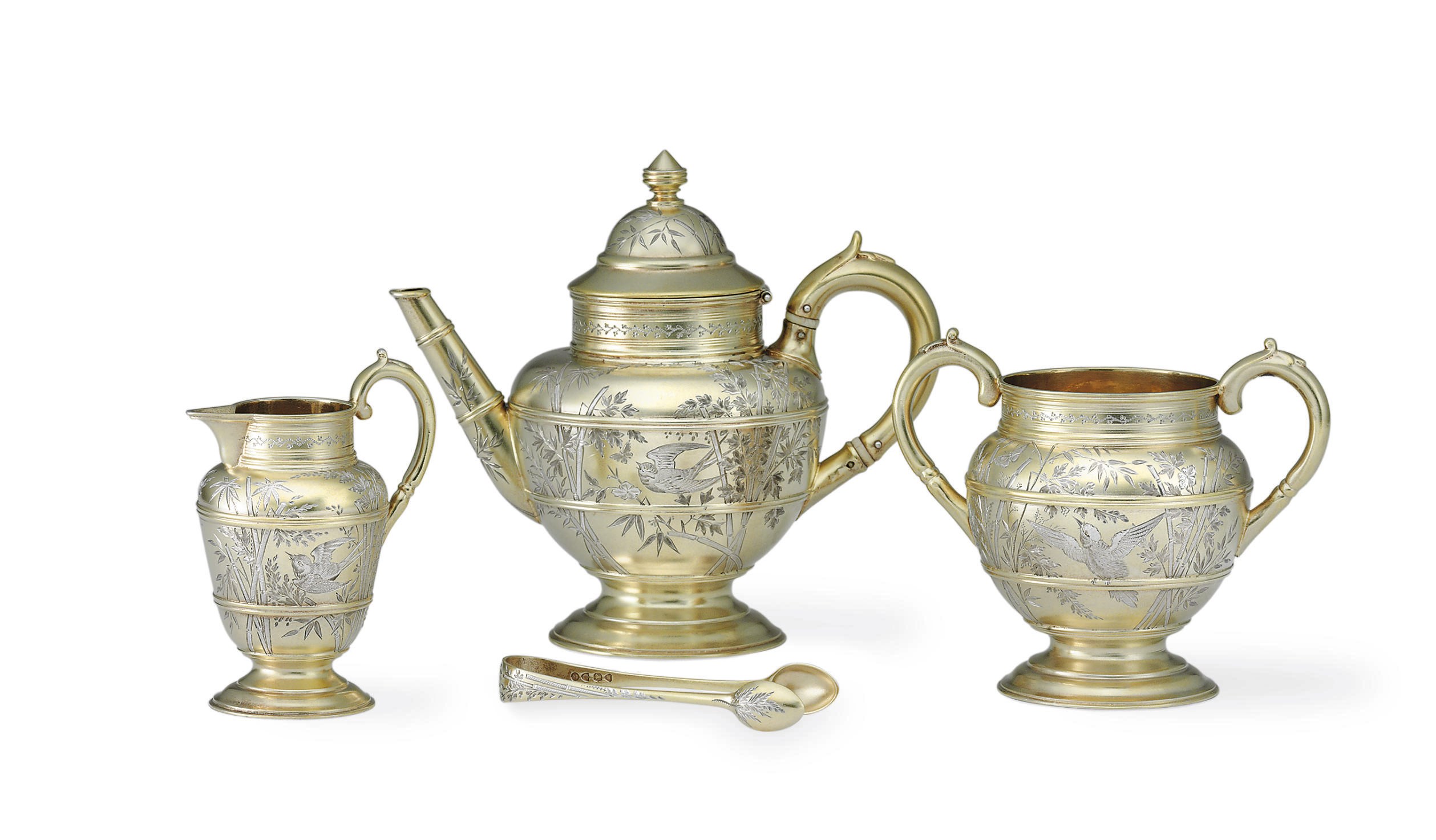 A VICTORIAN PARCEL-GILT SILVER BACHELOR TEA SERVICE**