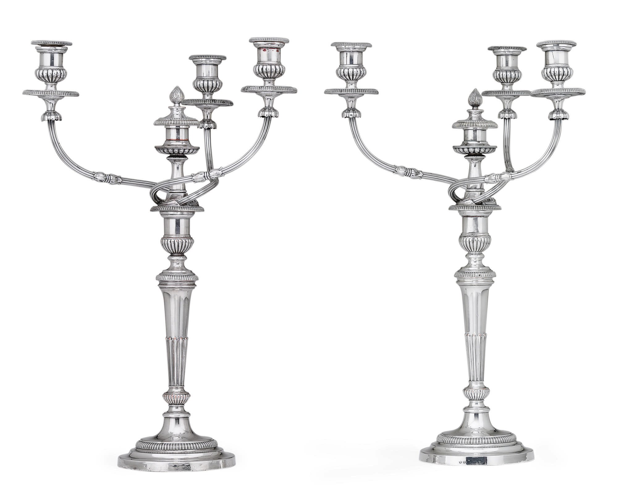 A PAIR OF REGENCY SHEFFIELD-PLATED  FOUR-LIGHT CANDELABRA