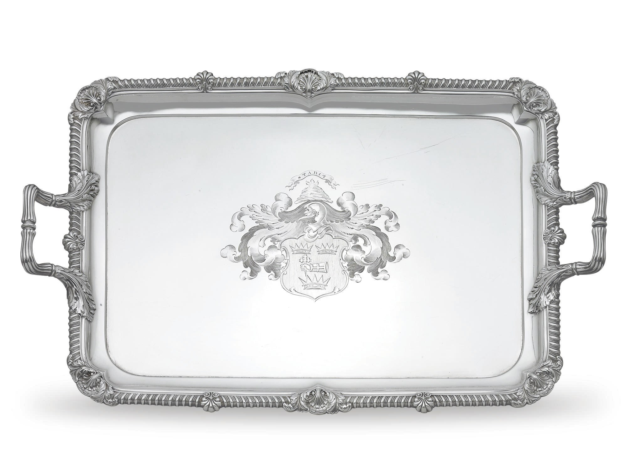 A REGENCY SILVER TWO-HANDLED TEA TRAY